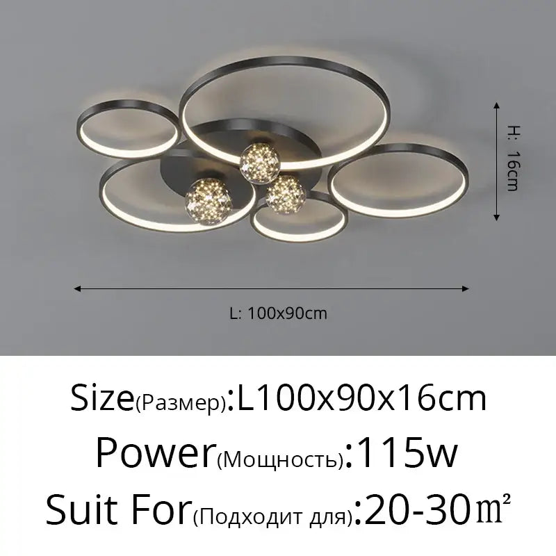 Modern black and chrome decorbites gypsophila chandelier with interconnected rings and crystal spheres for living room lighting