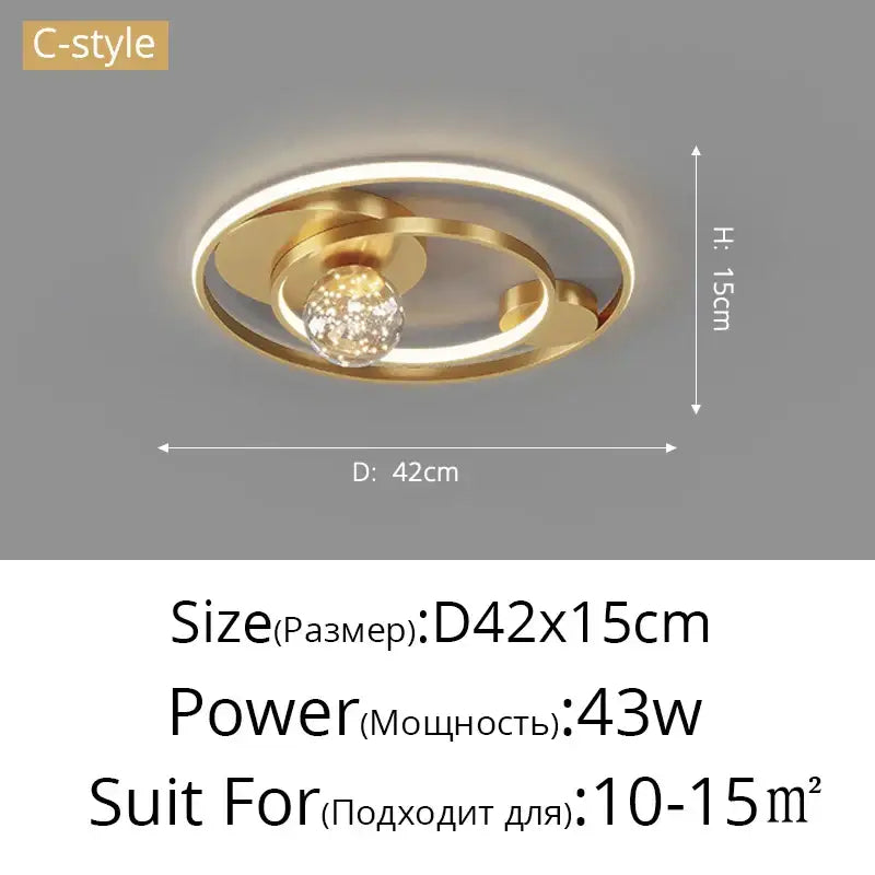 Gold-colored modern ceiling light with a central crystal sphere and rings decorbites gypsophila chandelier for living room