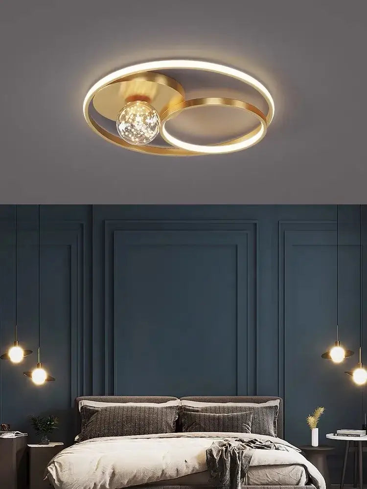 Modern black and chrome gypsophila chandelier with gold-toned circular ceiling light and central crystal globe by decorbites