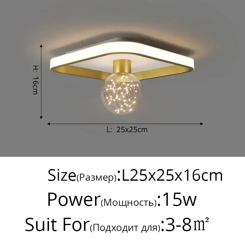 Modern black and chrome decorbites gypsophila chandelier featuring a gold frame square ceiling light with starburst globe pendant