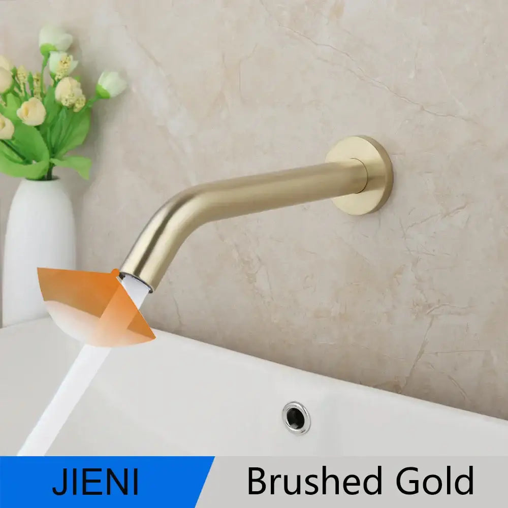 Modern black chrome sensor bathroom sink faucet wall mount with brushed gold curved spout features decorbites black chrome design