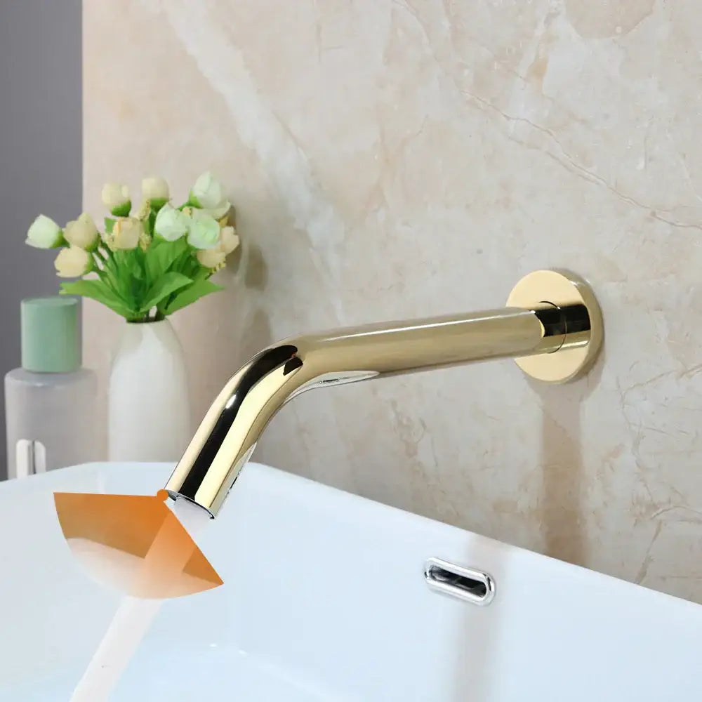 Gold-colored sleek wall-mounted bathroom faucet with modern design, ideal for decorbites black chrome sensor sink use