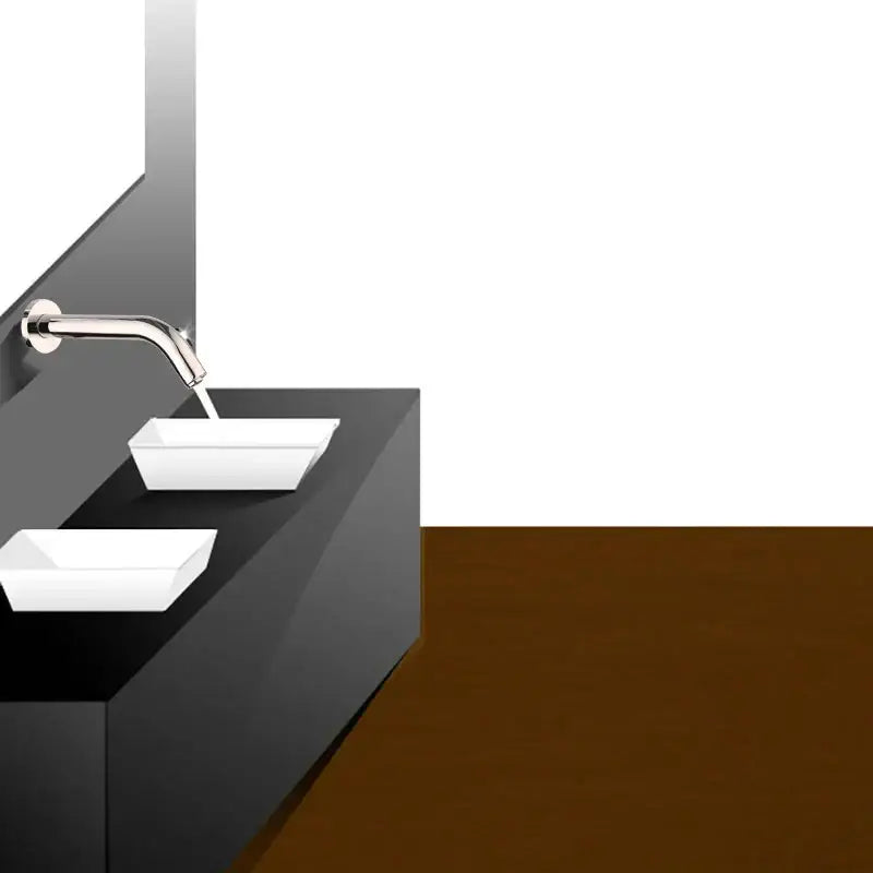 Modern black chrome sensor bathroom sink faucet wall mount with sleek curved spout dispensing water into white basin