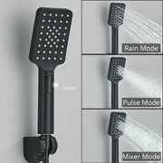 Modern black and chrome thermostatic shower set with matte black chrome showerhead featuring mode switch on handle