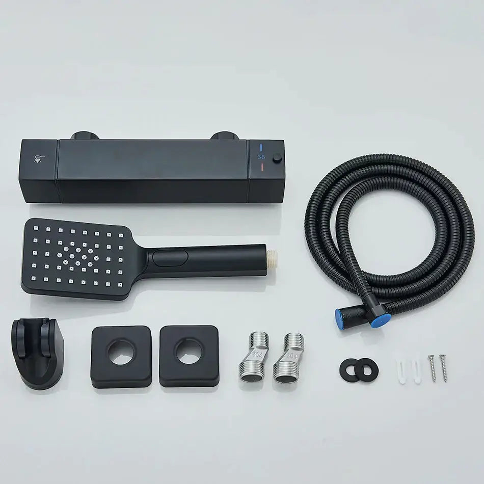 Modern black chrome thermostatic shower set with matte finish, rectangular control, square handheld showerhead, and blue hose connectors