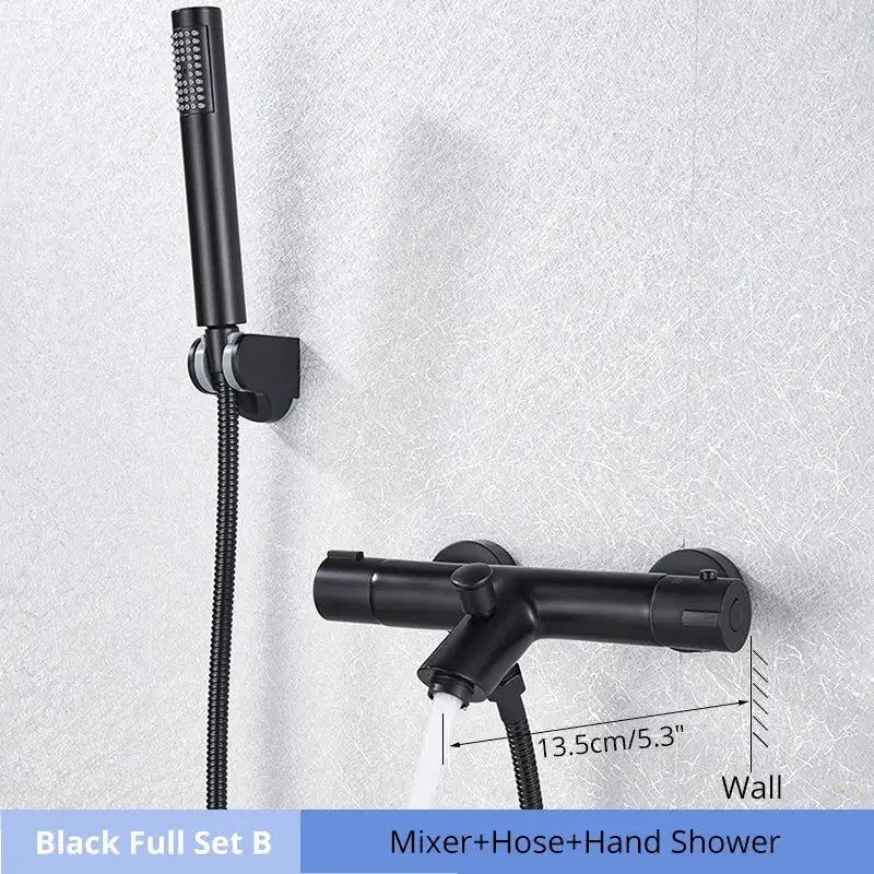 Modern black and chrome thermostatic shower set with black matte wall-mounted mixer and integrated hand shower by decorbites black chrome
