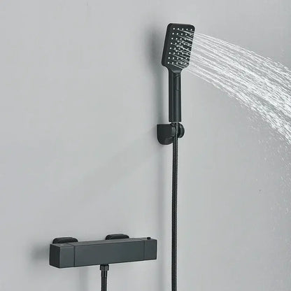 Modern black chrome thermostatic shower set with matte black rectangular rain head and dual-handle mixer valve mounted
