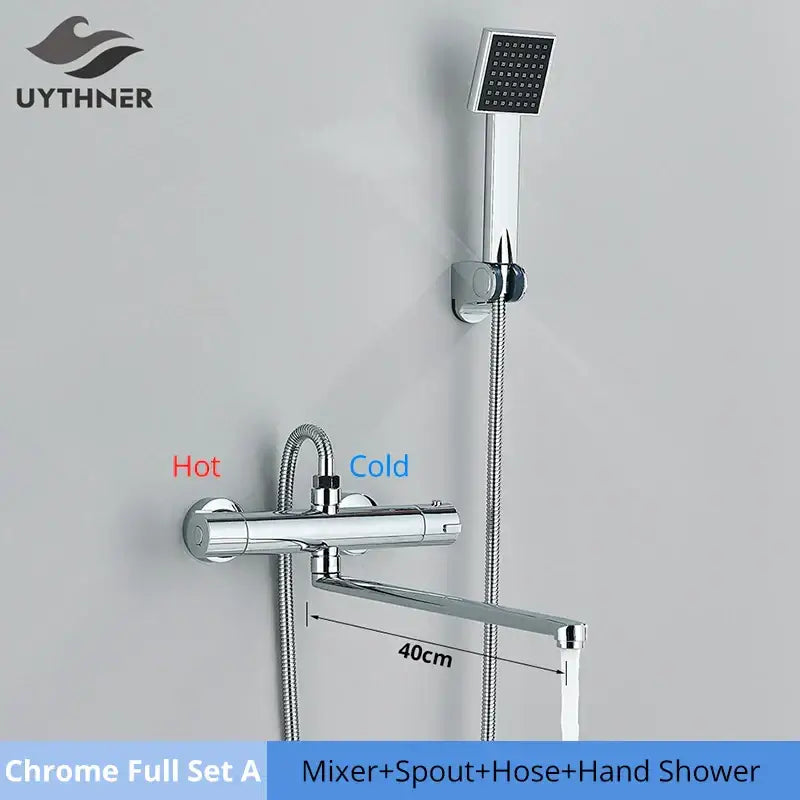 Modern black and chrome thermostatic shower set with chrome finished mixer spout handheld showerhead square grid design decorbites black chrome shower set