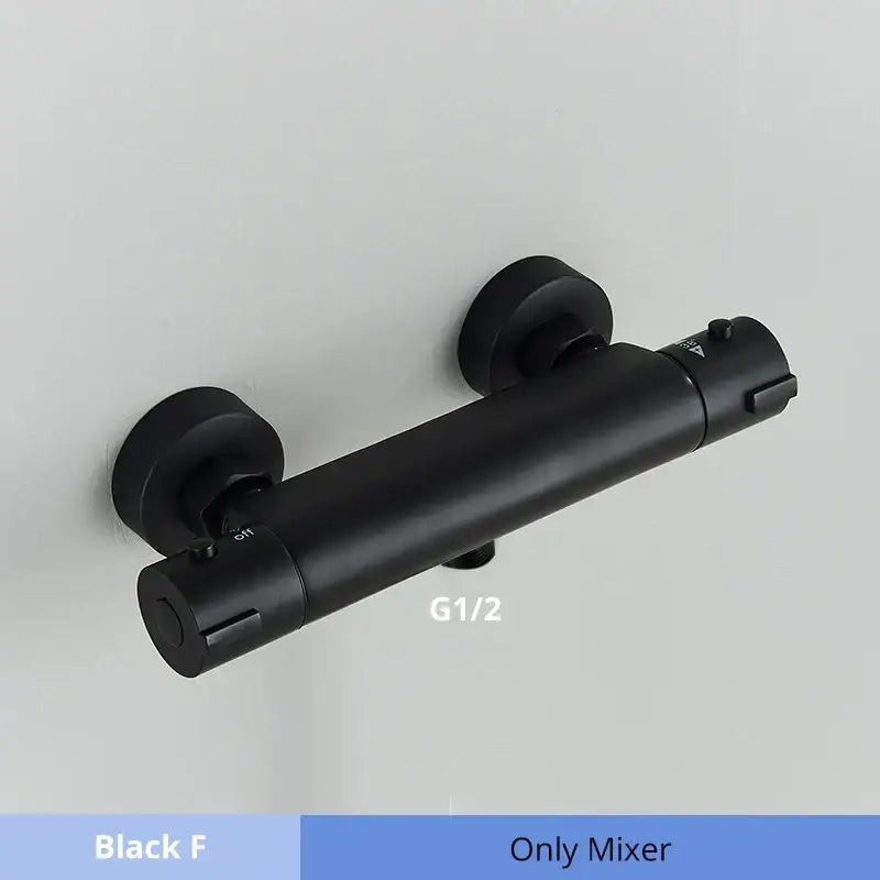 Modern black chrome thermostatic shower set featuring a black matte wall-mounted mixer with two circular knobs