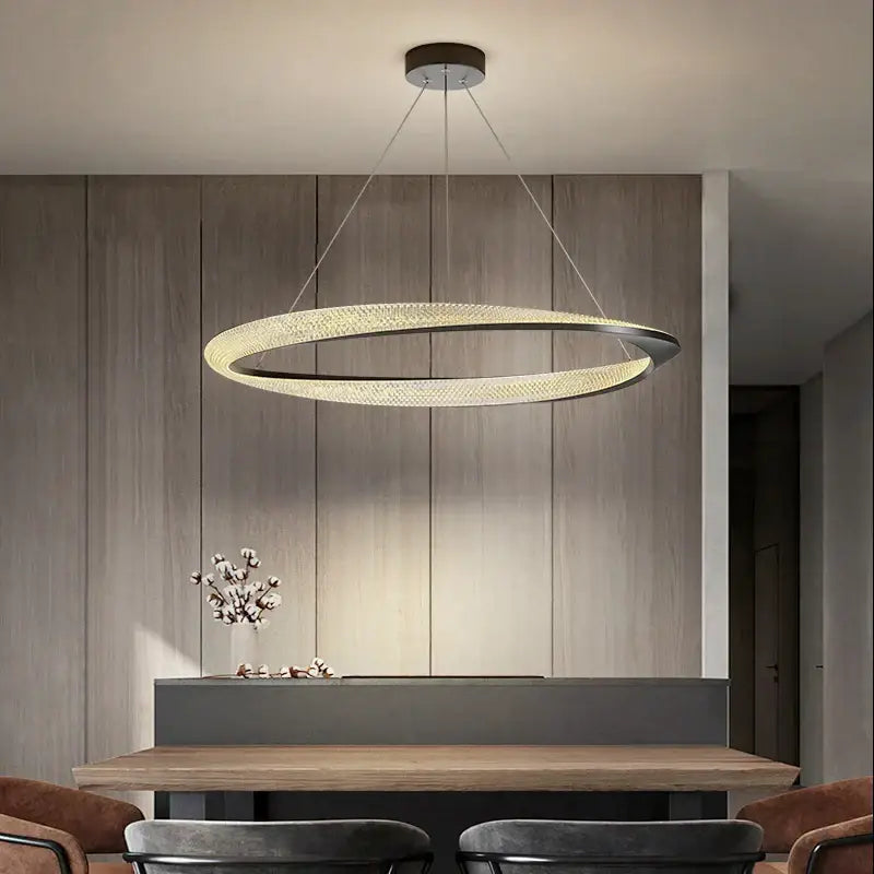 Modern black circle chrome chandelier with sleek black frame and embedded led lights casting warm glow for decorbites black circle