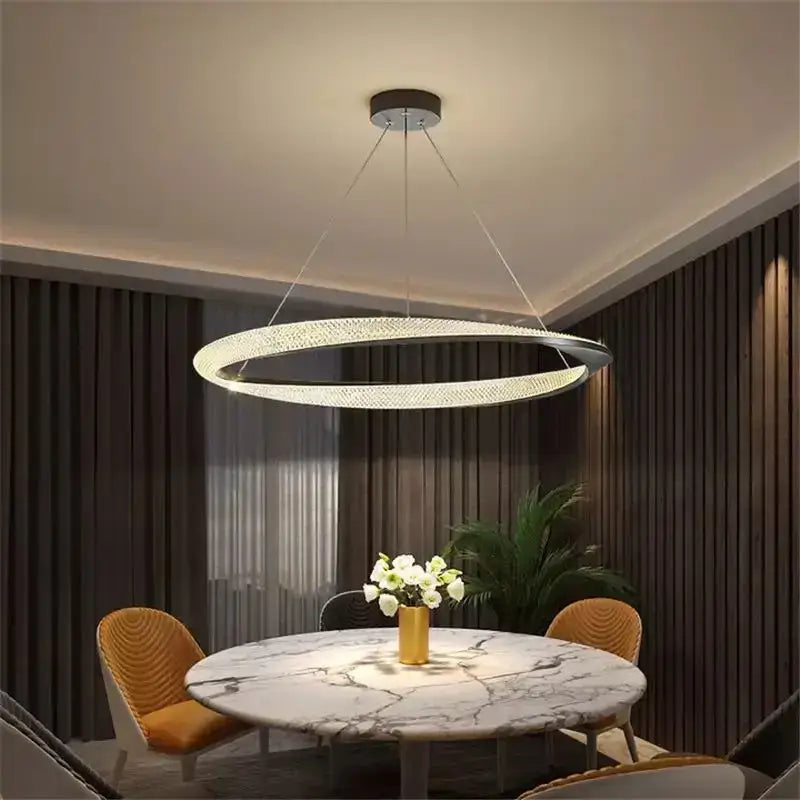 Modern black circle chrome chandelier featuring a sleek double-ring led pendant light with warm glow by decorbites black circle