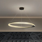 Modern black circle chrome chandelier pendant light with sleek black and gold frame and warm led woven texture glow