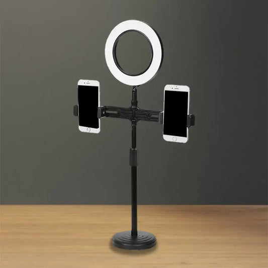 Modern black circle led wall light with usb port and adjustable stand featuring dual phone holders for inch fixture setup