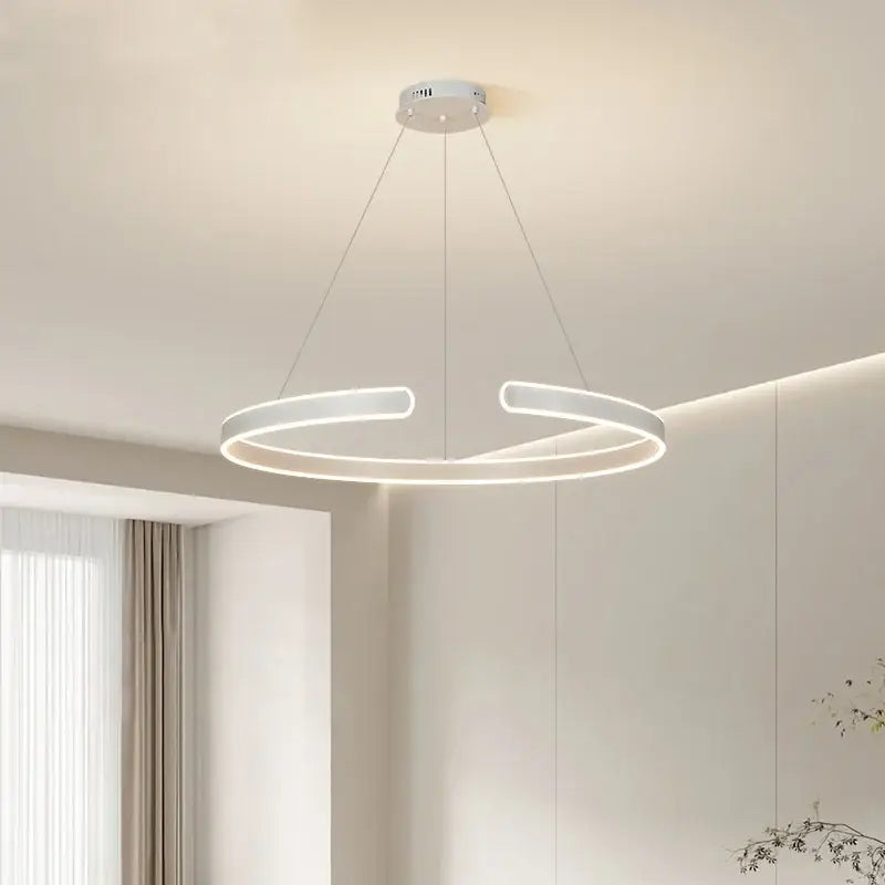 Modern black circle pendant chandelier with sleek white led ring and two curved segments for living room decorbites circle pendant
