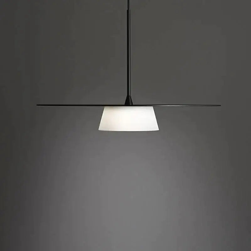 Minimalist black pendant light with sleek horizontal rod and frosted glass shade for decorbites circular coffee shop lighting