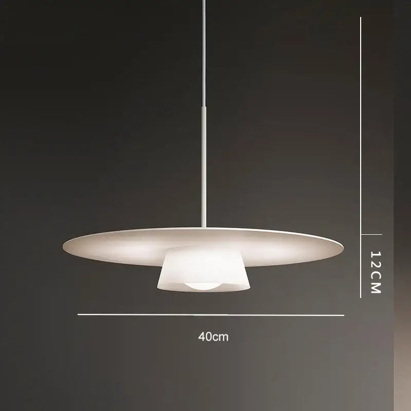 Minimalist white pendant light with two concentric circular shades and slender rod for decorbites circular coffee shop decor