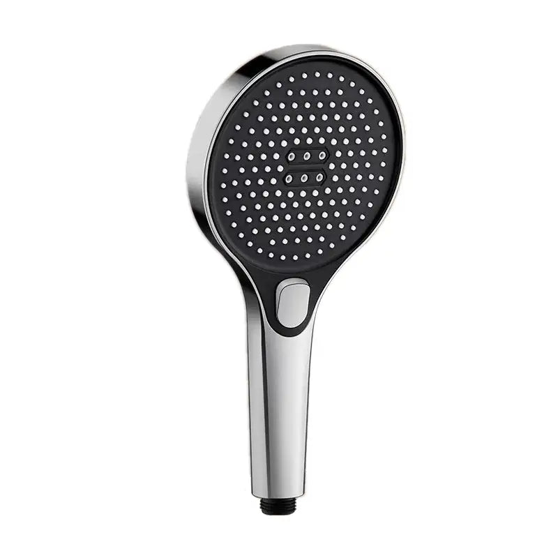 Modern chrome finished decorbites circular high pressure shower head with black perforated face and integrated control button