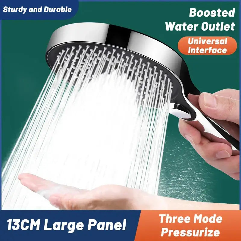 A sleek 13cm decorbites circular high pressure shower head in polished chrome with black accents for modern bathrooms