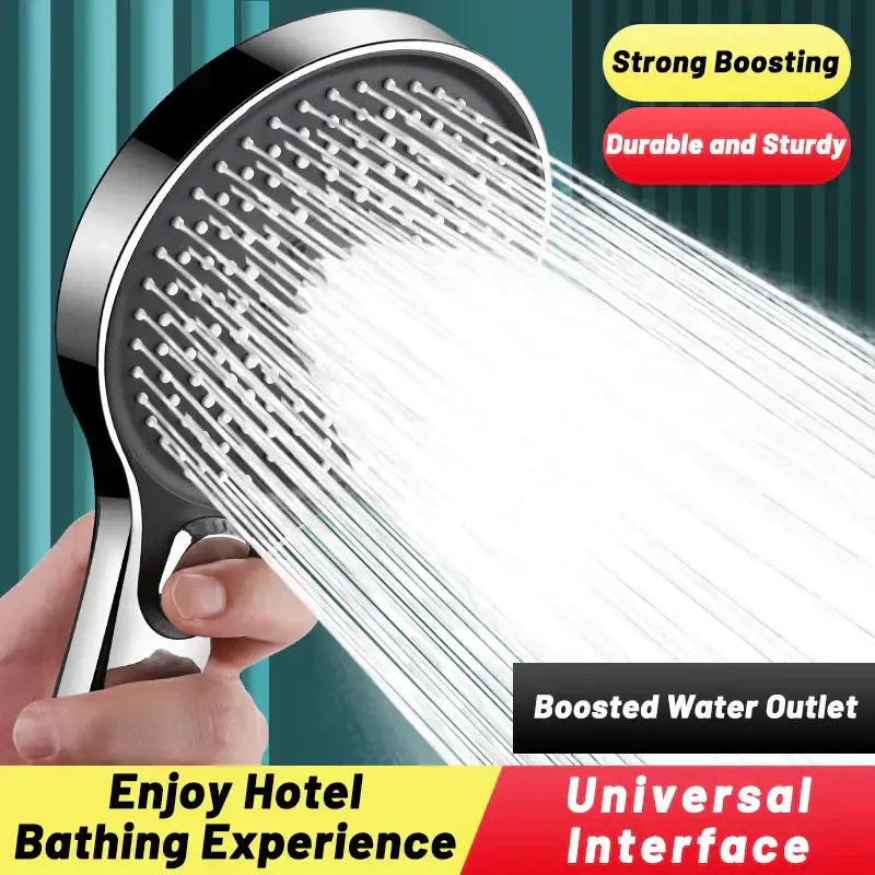 A sleek chrome decorbites circular high pressure shower head with modern design and multiple water jets in black