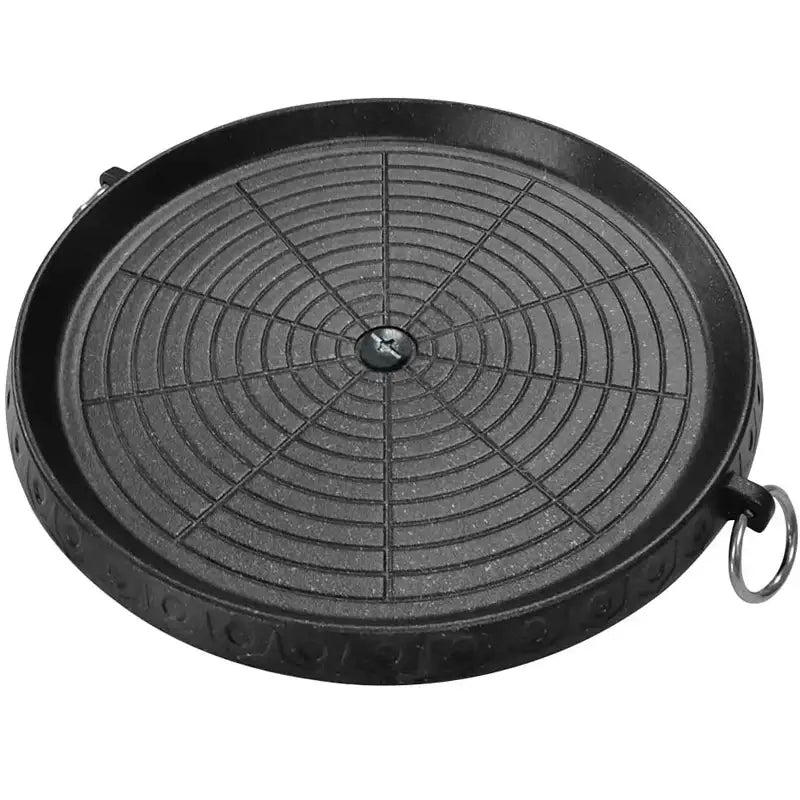 Modern black circular Korean grill pan with concentric ridges and embossed decorbites Korean grill text on rim