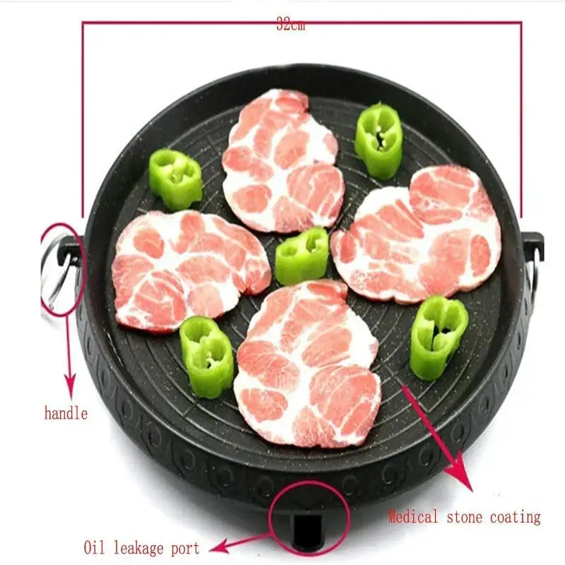 Modern black circular korean grill pan with medical stone coating non-stick surface and side handles for easy use