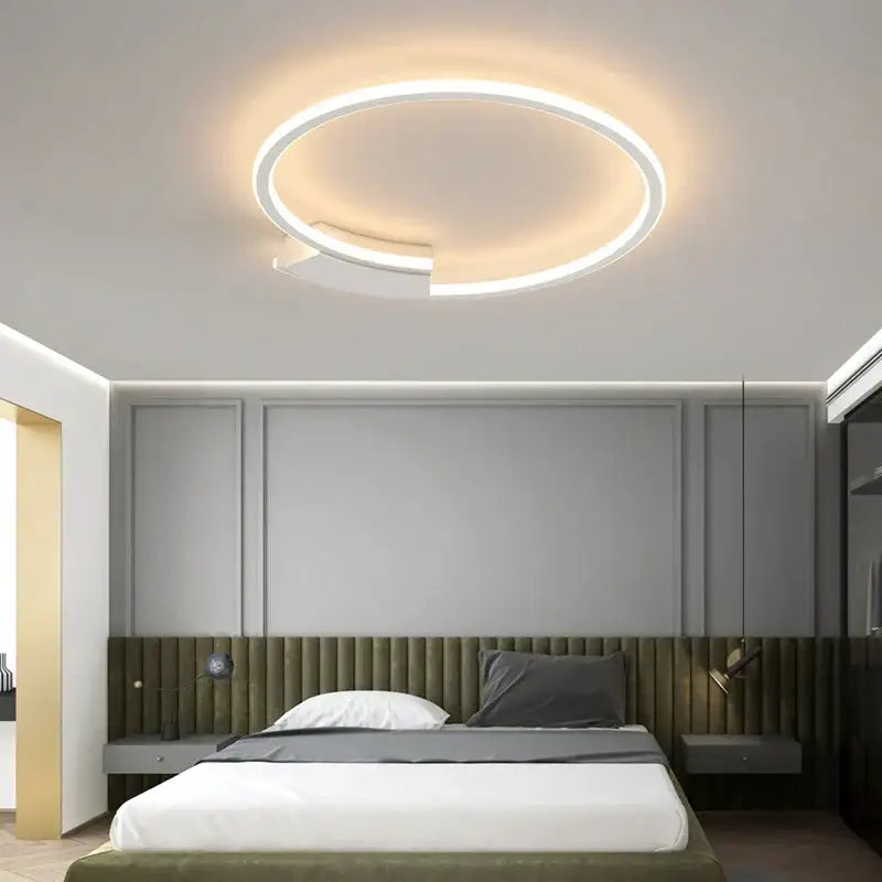 Modern black circular led indoor ceiling lamp with sleek white frame and warm ambient glow for living room decorbites indoor ceiling lamp