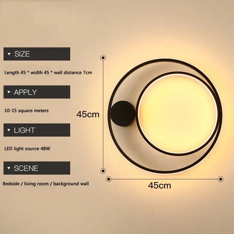 Modern black circular led wall lamp with warm glowing light for minimalist bedroom wall lamp decor