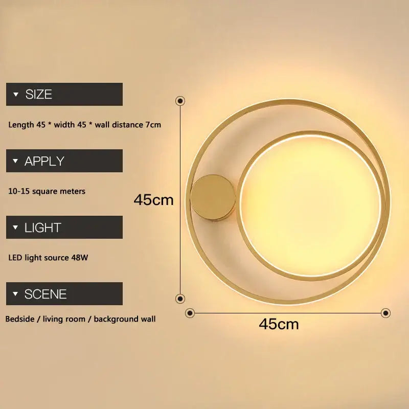 Modern gold-toned circular led wall lamp with concentric rings providing a warm diffused glow for minimalist spaces
