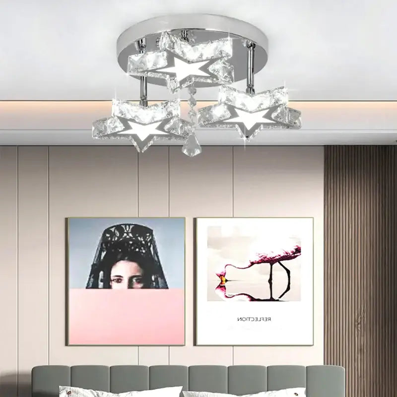 Modern black and clear crystal led ceiling chandelier with chrome base and faceted star-shaped decorbites crystal led elements