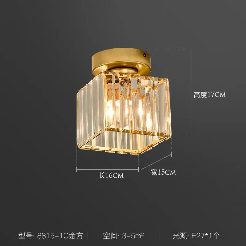 Modern black and clear crystal led ceiling light with gold-finished square frame and brass base for bedroom decorbites crystal led