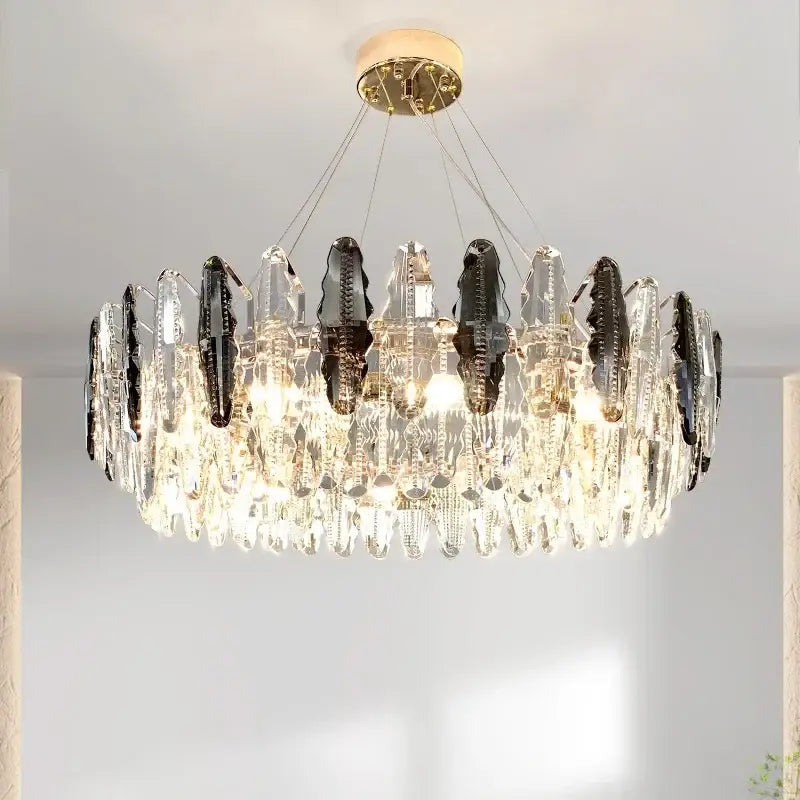 Modern black and clear diamond crystal chandelier pendant lamp with alternating glass crystals suspended by gold wires