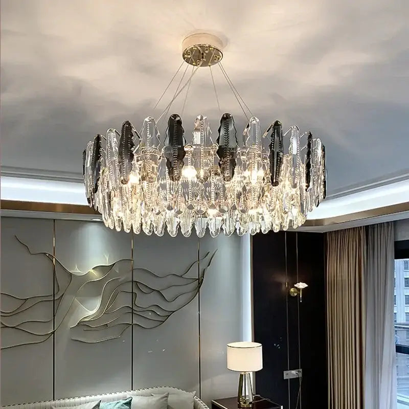 Modern black and clear diamond crystal chandelier pendant lamp with circular design and glass crystal droplets for living room