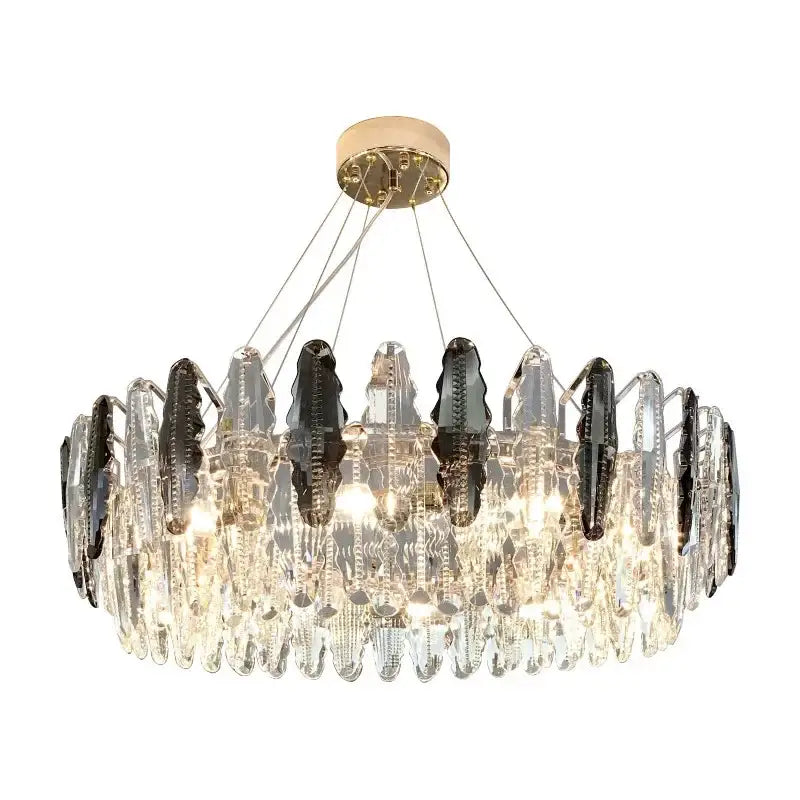Modern black and clear diamond crystal chandelier with leaf-shaped crystals and gold pendant lamp for living room