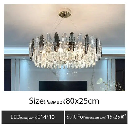 Modern black and clear diamond crystal chandelier pendant lamp with circular metallic frame and crystal droplets for living room