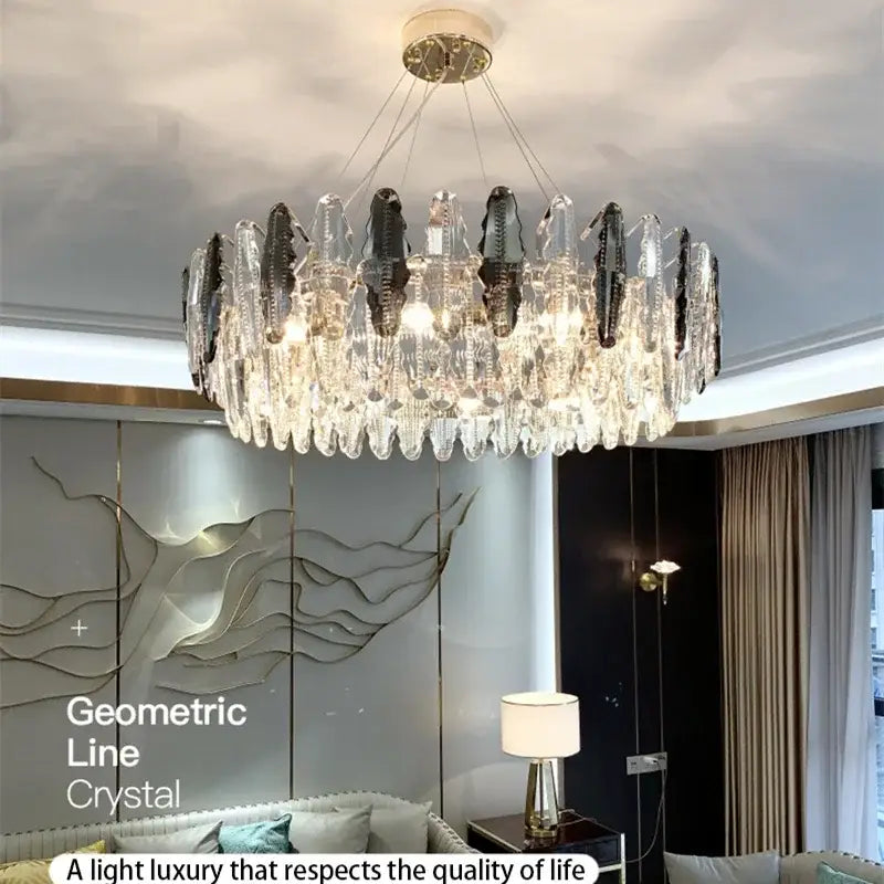 Modern black and clear diamond crystal chandelier pendant lamp with circular design and alternating crystal droplets