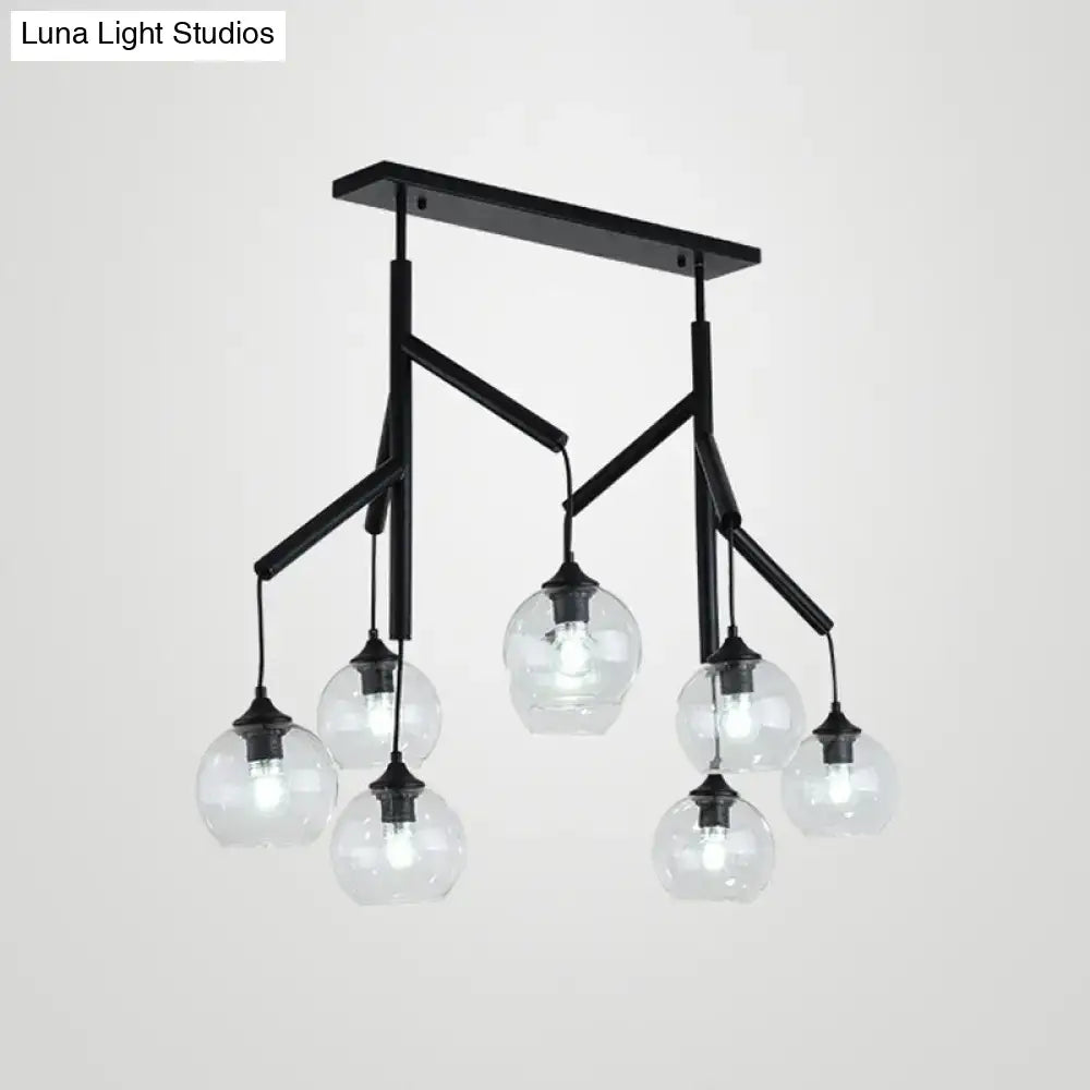 Black metal pendant light with six clear glass globe bulbs designed for 110v-120v hanging ceiling use