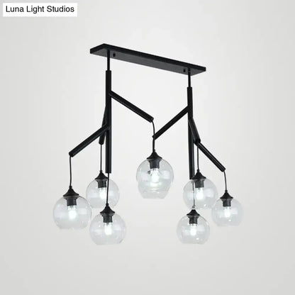 Black metal pendant light with six clear glass globe bulbs designed for 110v-120v hanging ceiling use