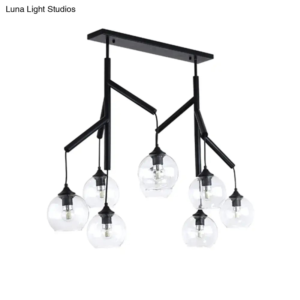 Black metal pendant light with five clear glass globe bulbs compatible with 110v-120v power supply