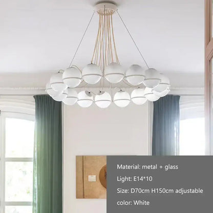 Modern black concentric pendant lights featuring a white spherical glass shade led with metal frame and adjustable cords
