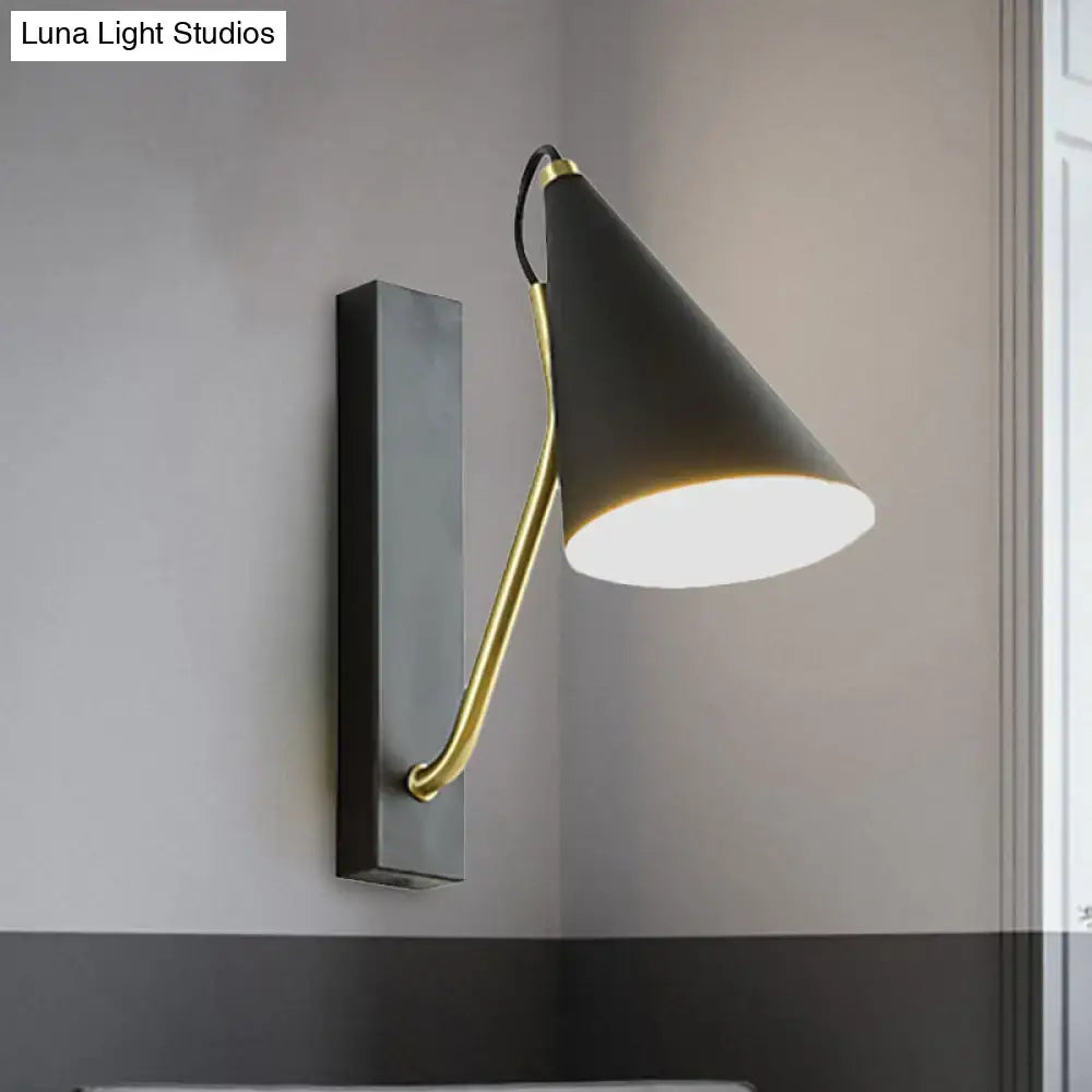 Modern black cone shade wall sconce with brass arm suitable for led incandescent fluorescent bedroom light