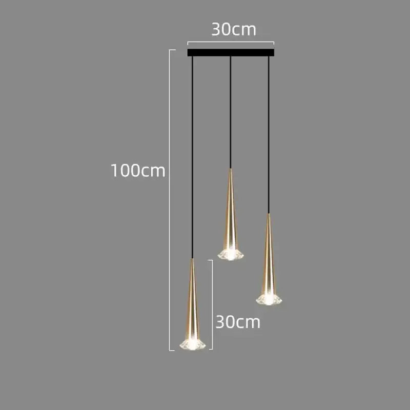 Modern gold-toned pendant lighting fixture with three black corded conical shades for decorbites crystal led stair lighting