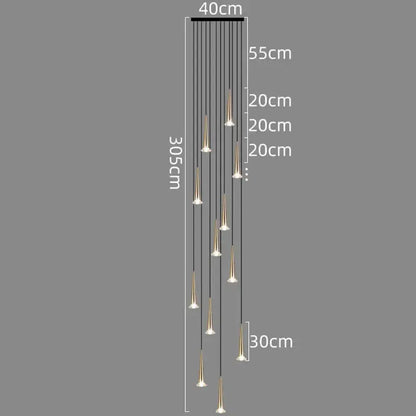 Modern black conical crystal led stair lighting fixture with multiple slender gold-toned pendant lights by decorbites crystal led