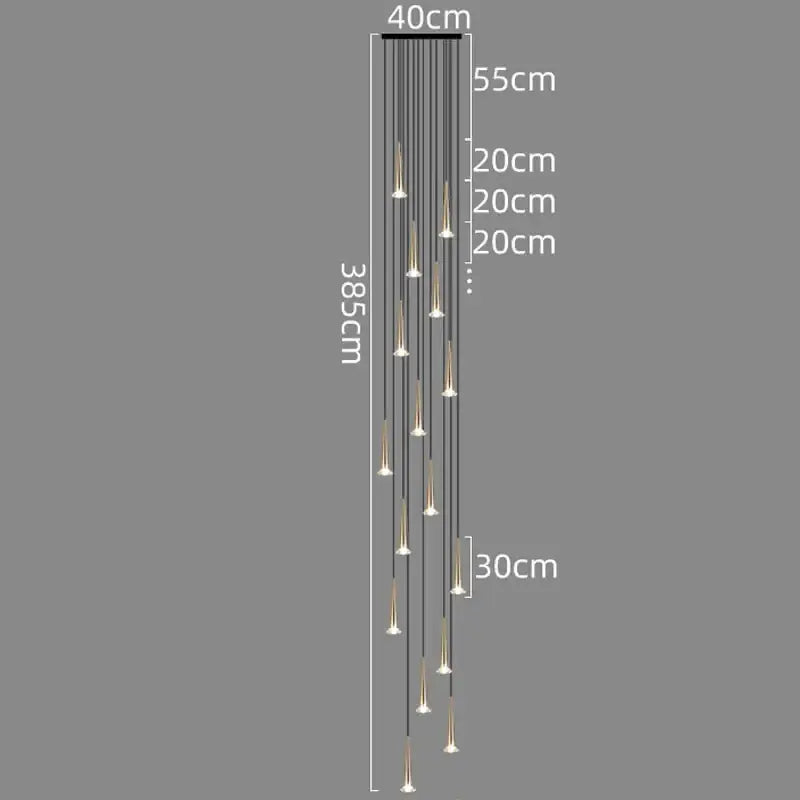 Modern black conical crystal led stair lighting fixture with slender cords and gold-toned decorbites crystal led cones
