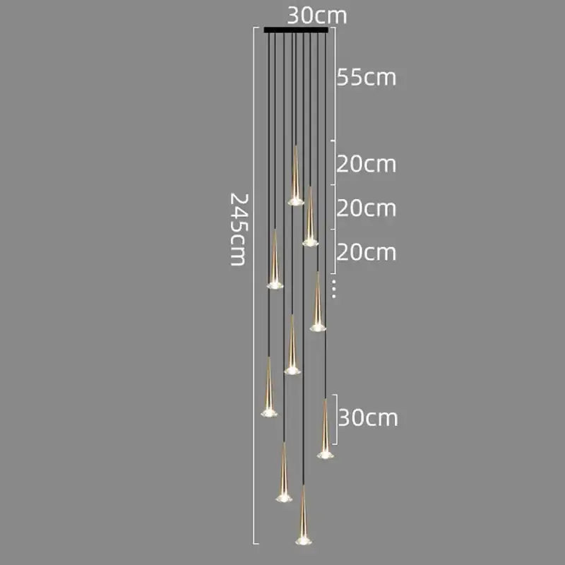 Modern black conical crystal led stair lighting fixture with multiple slender gold-toned pendant lights by decorbites crystal led