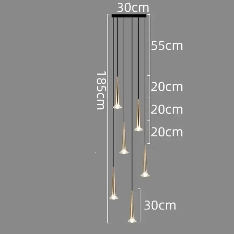 Modern black conical crystal led staircase chandelier with five gold-toned pendant lights and decorbites crystal led design