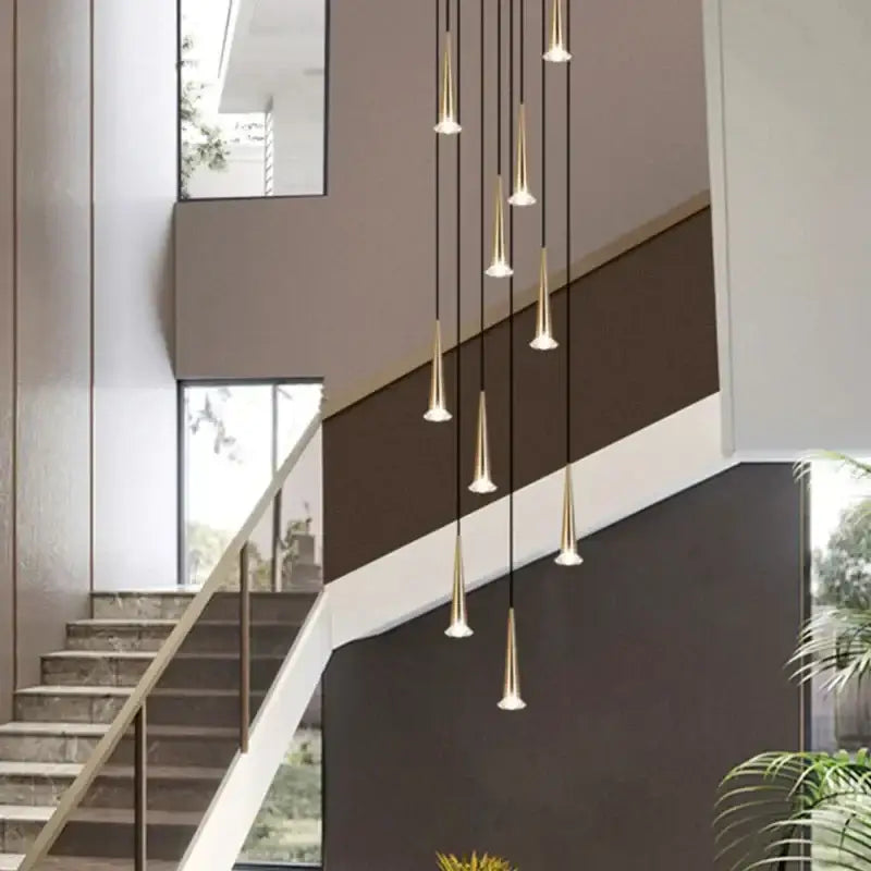 Modern black conical crystal led staircase chandelier with gold-toned pendant lights for decorbites crystal led stairwell lighting