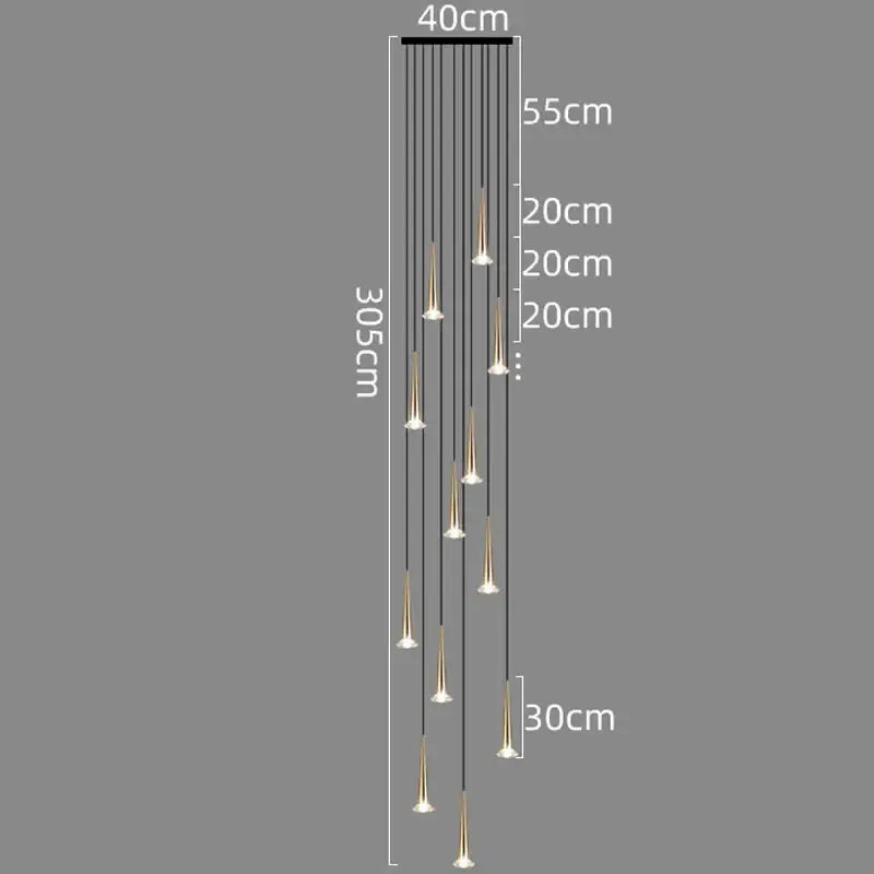 Modern black conical crystal led staircase chandelier with slender gold-toned pendant lights by decorbites crystal led