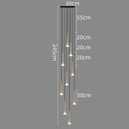 Modern black conical decorbites crystal led staircase chandelier with gold-toned cone lights and black ceiling mount