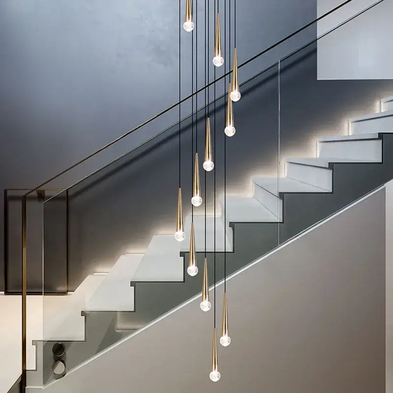 Modern black conical crystal led staircase chandelier with gold-toned clear glass globe pendant lights by decorbites crystal led