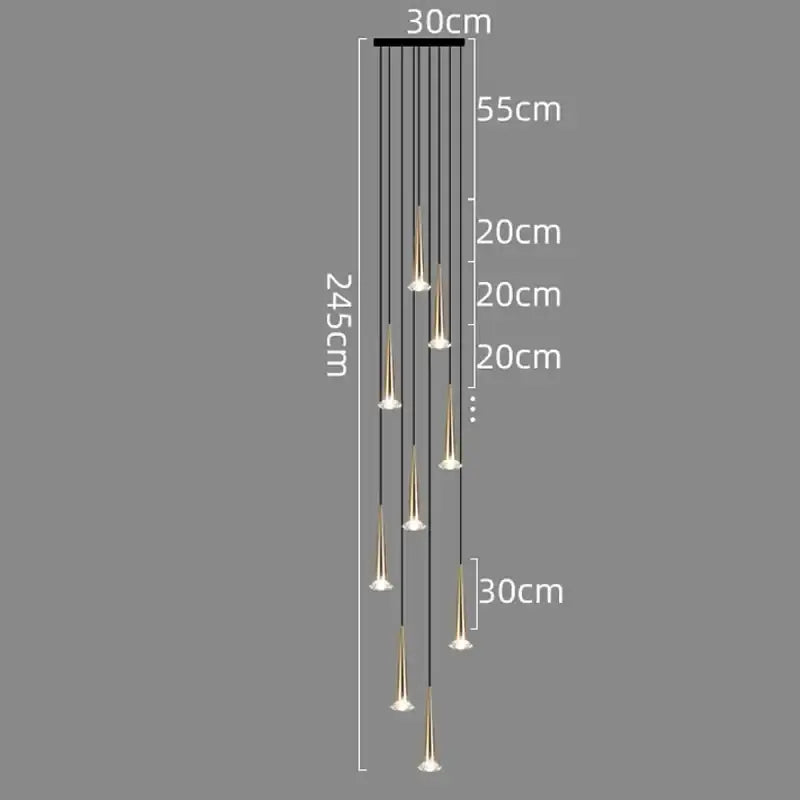 Modern black conical decorbites crystal led chandelier with gold-toned pendant lights for staircase lighting